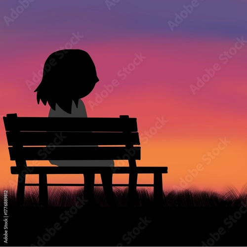 夕焼け空を背景にしたシルエットイラスト：ベンチに座って夕焼けを眺める人