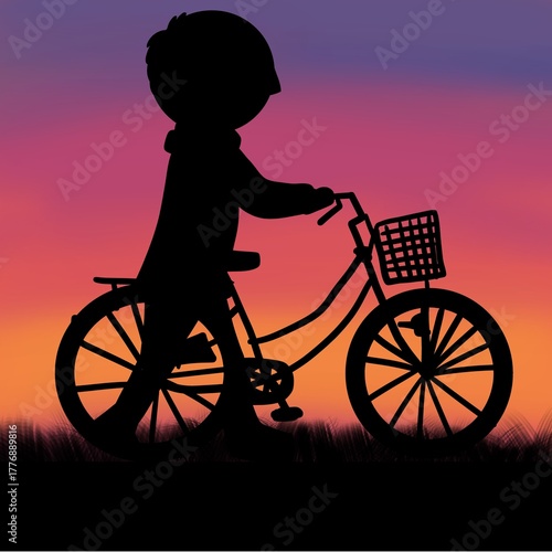 夕焼け空を背景にしたシルエットイラスト：自転車を押しながら歩く人のシルエット