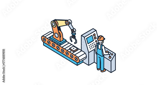 Automated factory with robotic arm conveyor belt and worker operating controls