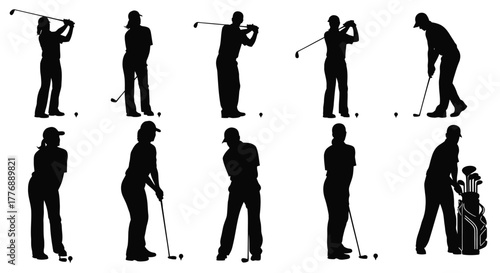 Silhouettes of golfers in various stages of a golf swing sequence