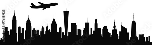 City skyline silhouette, urban landscape illustration, airplane flying scene, black and white architecture art, travel concept design, metropolitan view sketch