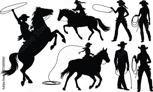 Cowboy and cowgirl silhouettes, horseback riding, lasso action, Western lifestyle, rodeo poses, black vector icons, ranch culture, wild west theme, frontier illustration