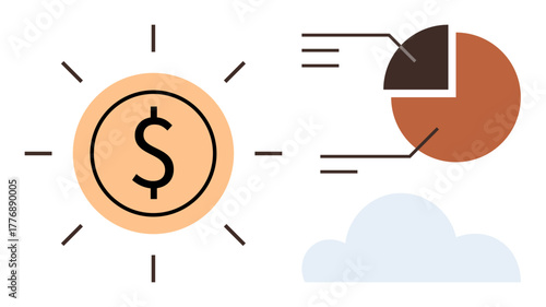 Dollar sign radiating light, pie chart with data segments, and abstract cloud design. Ideal for finance, economics, business strategy, investment, data analysis savings progress ideas. Simple flat
