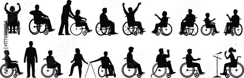 Disability inclusion silhouette, wheelchair users, mobility aid icons, diverse figures, accessibility concept, black and white art, cane, podium speaker, interaction, representation