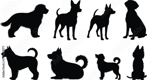 Dog silhouette illustration, diverse canine poses, black vector set, sitting and standing dogs, breed variety, white background, pet design element