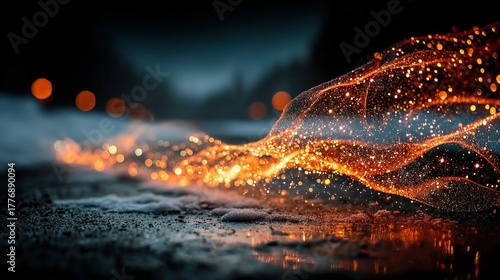 Abstract glowing orange light trails on a dark wet surface with blurred background.