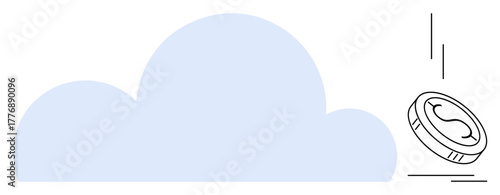 Blue cloud shape and a coin falling with motion lines. Ideal for finance, cloud storage, digital banking, online revenue, data processing, fintech innovation, simple flat metaphor