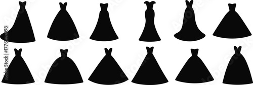Dress silhouette collection, fashion design elements, garment shape chart, black dress icons, clothing comparison, style reference, apparel illustration, couture sketch set