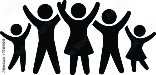 Family silhouette illustration, joyful group pose, black white design, unity concept, abstract figures, celebration moment, togetherness symbol, minimalist art, happy family scene
