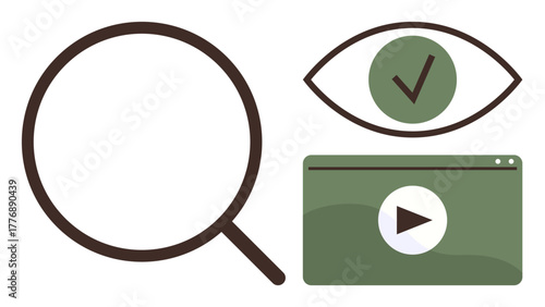 Magnifying glass signifies research, eye with checkmark implies verified insight, and play button suggests video content. Ideal for analysis, verification, media, learning, accuracy, research
