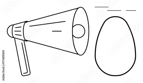 Megaphone emitting sound lines towards an oval shape, symbolizing communication, amplification, or focus. Ideal for marketing, connection, influence, messaging speech technology awareness. Simple