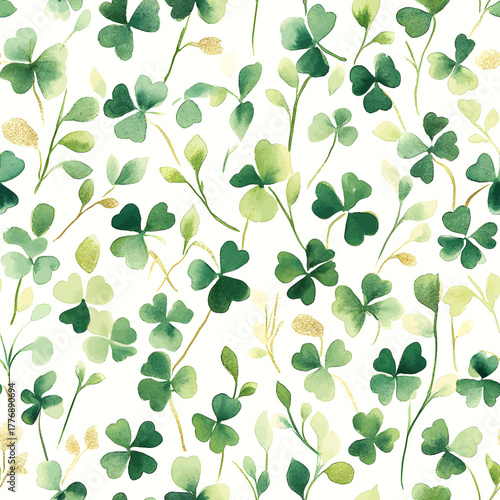 Watercolor Green Shamrocks and Clovers Seamless Pattern Vector
