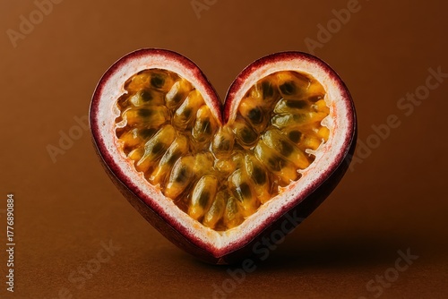 Passion Fruit Half Cut in a Creative Heart Shape for Valentine's Day or Romance