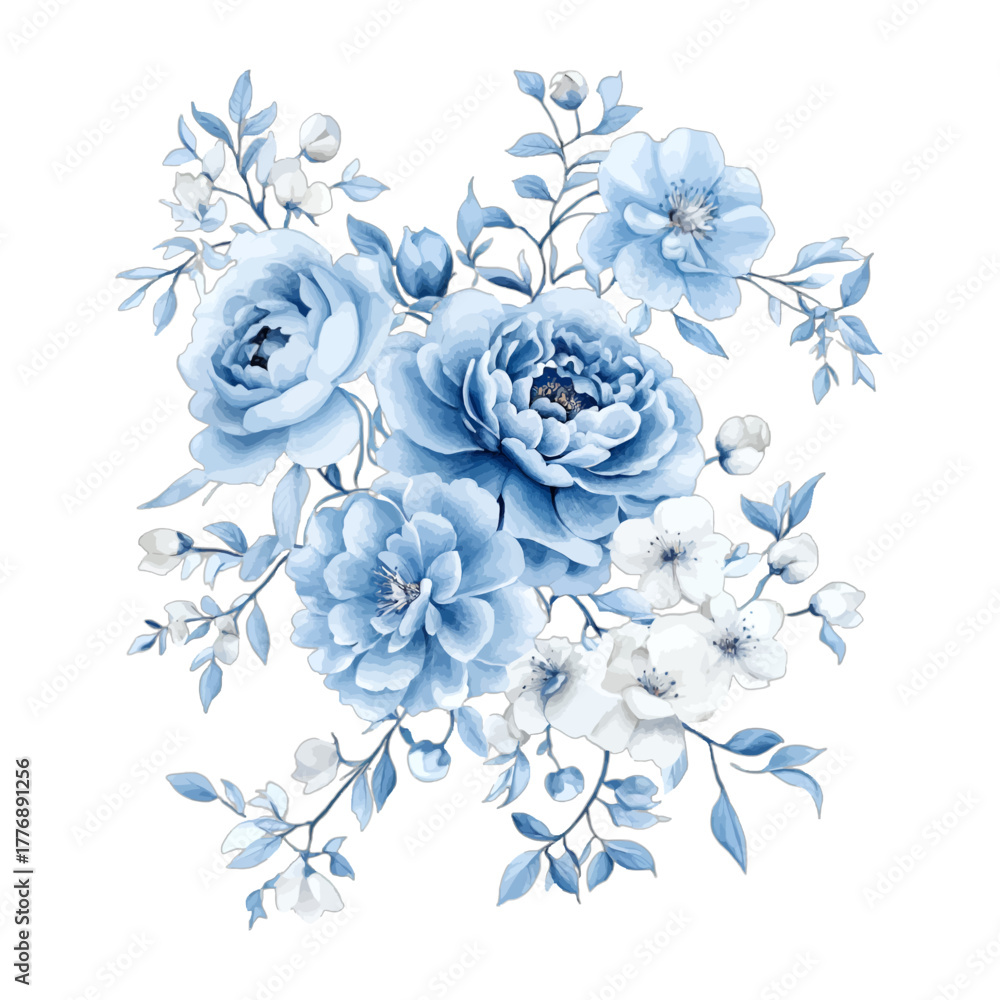 Fototapeta premium Watercolor Blue Rose Floral Arrangement Clipart Vector 