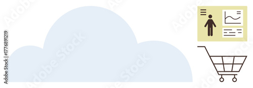 Cloud with a data card featuring user profile and analytics beside a shopping cart. Ideal for technology, e-commerce, cloud computing, analytics, consumer behavior, retail, business. Simple flat