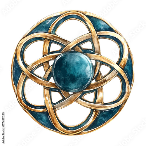 Watercolor Gold and Teal Celtic Knot Medallion Vector Clipart
