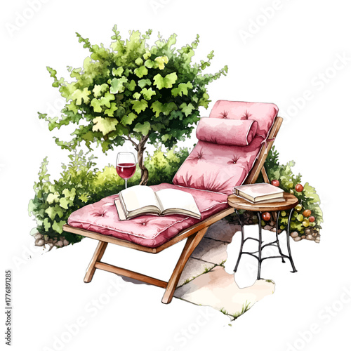 Watercolor Garden Lounge Chair with Book and Wine Clipart Vector
