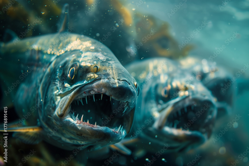 Obraz premium Piranha face close-up with exposed needle-like teeth in armored fish study for marine biology content