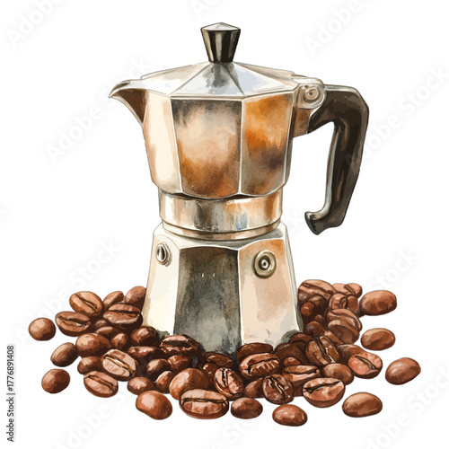 Watercolor Moka Pot Coffee Maker and Roasted Coffee Beans Vector Illustration
