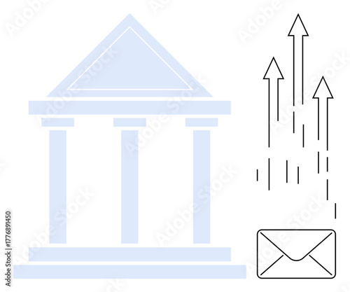 Neoclassical bank facade, upward arrows, and envelope symbolizing financial growth, digital communication, innovation, fintech, business efficiency, email marketing and customer outreach. Ideal