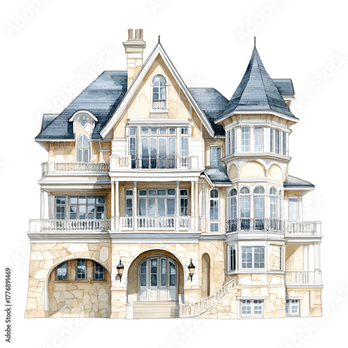 Classic European Mansion Watercolor Vector Clipart
