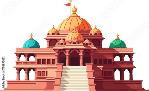 Akshardham Temple New Delhi India — Grand Hindu Monument with Detailed Domes, Pink Sandstone, and Spiritual Architecture for Cultural Heritage Illustration