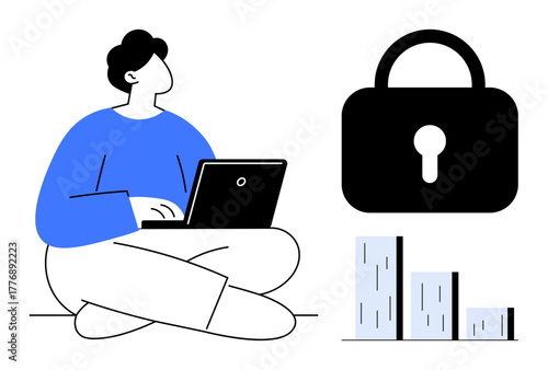 Individual using laptop, large lock icon symbolizing security, and bar charts indicating data analysis. Ideal for cybersecurity, data privacy, technology, digital work, business, analytics