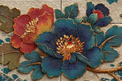 Beautiful ceramic artwork with peony flowers high resolution picture