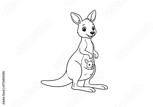 Kangaroo and Joey Line Art: An adorable kangaroo stands proudly, its joey nestled safely in its pouch. The simple lines and friendly demeanor create a charming illustration. 