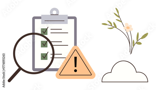Magnifying glass over checklist with warning sign, flower branch, and cloud. Ideal for task management, risk analysis, quality control, productivity, process optimization, ecology simple flat