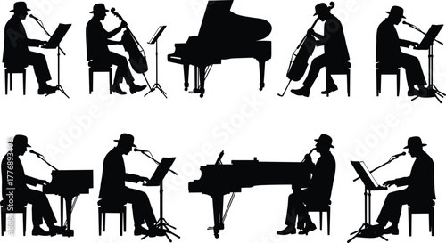 Musicians playing instruments, silhouette performers, black and white illustration, piano, cello, keyboard, microphone, seated artists, music stands, artistic composition