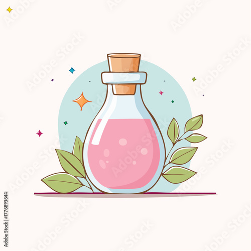Glass Potion Bottle Filled with Pink Liquid Surrounded by Green Leaves and Sparkling Stars on a Light Colored Background