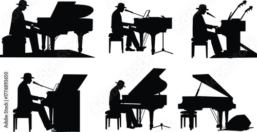 Silhouette, pianist, grand piano, upright piano, music performance, microphone, jazz, concert, musician, hat, stage, artistic, black, isolated, expressive, singing, instrumental,