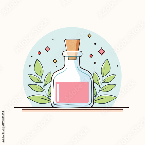 Clear Glass Bottle With Cork Stopper Filled With Pink Liquid Surrounded By Green Leaves and Sparkles on a Pale Blue Background