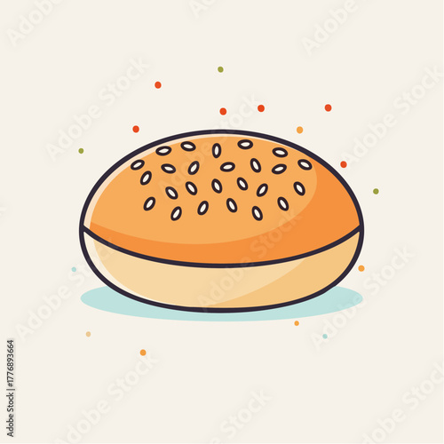 Simple Pixel Art Illustration of a Toasted Sesame Seed Bun on a Light Background with Colorful Confetti