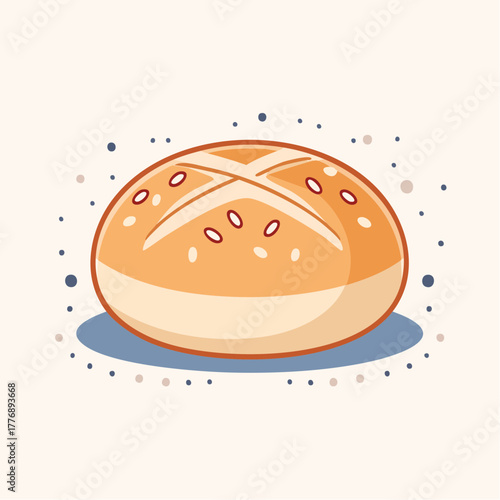 A single round golden brown bread roll with a cross cut on top and scattered sesame seeds on a light cream background with blue shadow and speckles