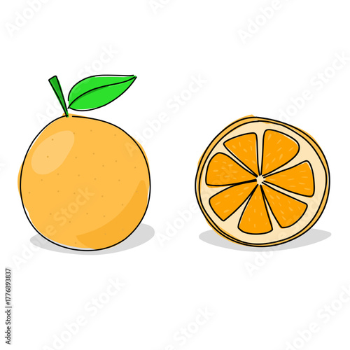 Flat vector illustration of a fresh orange fruit with green leaf, clean and simple design perfect for food, healthy, and organic graphics