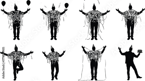 Silhouette, party, celebration, birthday, streamers, balloons, cake, festive, black, isolated, pose, costume, fun, cheerful, hat, decoration, expressive, movement, standing, arms raised