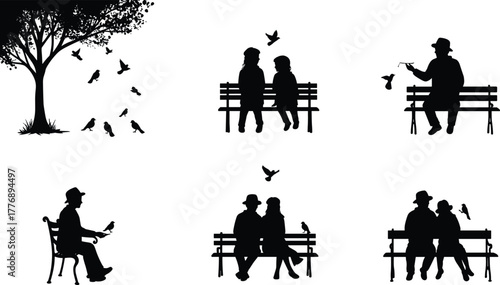 Silhouette, people, birds, bench, park, nature, tree, sitting, feeding, flying, relaxing, outdoor, peaceful, interaction, couple, friendship, wildlife, tranquil, black, art
