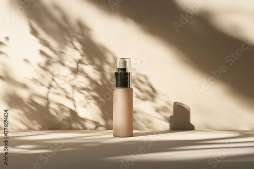 Mockup of cosmetic bottle lotion product displayed on palm leaf background with artistic shadows. Modern skin care healthcare and beauty branding concept.