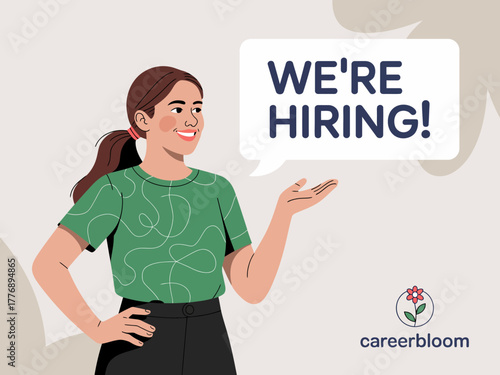 An inviting illustration of a woman happily announcing a job opening, creating a positive atmosphere for career growth and opportunities, showcasing modern professional branding.