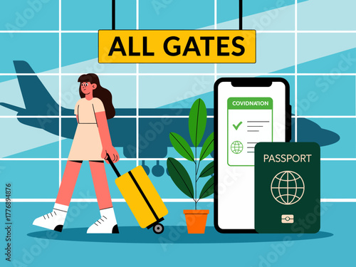 A traveler with a suitcase checks her mobile phone for a digital passport app at an airport gate, depicting modern convenience in air travel and the importance of technology.