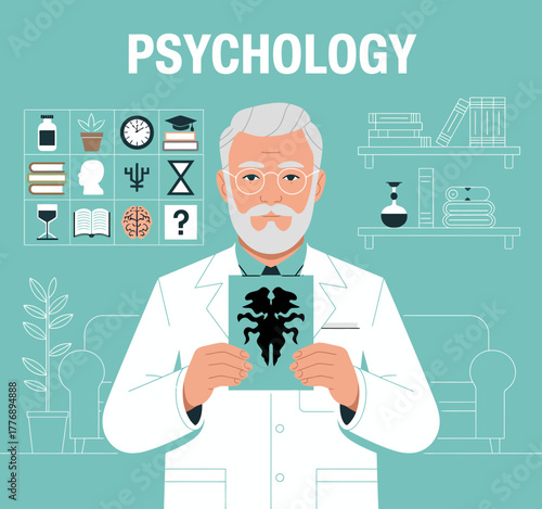 A professional illustration showcasing a psychologist holding a Rorschach inkblot test image, representing the exploration of emotions and mind in psychology through visual representation.