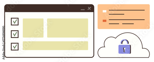 Web browser window with checklist, cloud with lock representing security, and orange panel indicating data organization. Ideal for task management, cloud security, data protection, workflow