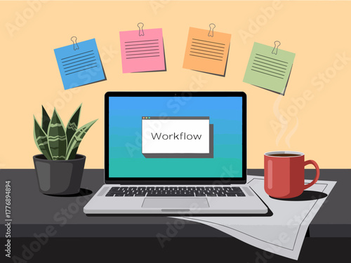 An organized and inviting workspace with a laptop, coffee cup, and colorful notes, creating a perfect environment for productivity and creativity to flourish.