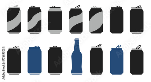 A collection of various beverage containers including cans and bottles