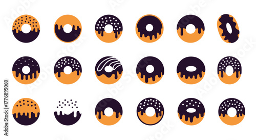 A colorful arrangement of glazed donuts in orange and dark purple hues