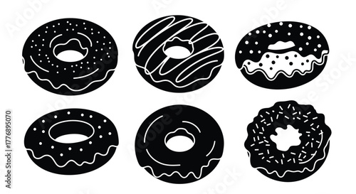 A collection of six black and white stylized donut illustrations