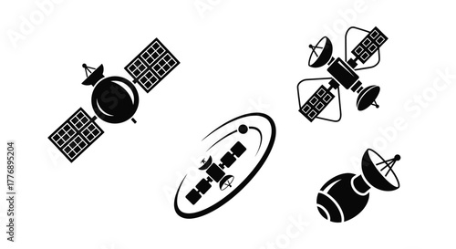 Black and white illustrations depicting various types of orbiting space satellites