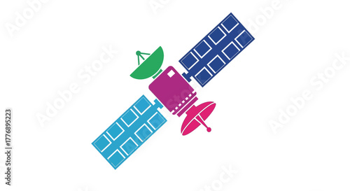 Colorful illustration of a satellite with solar panels and communication dish